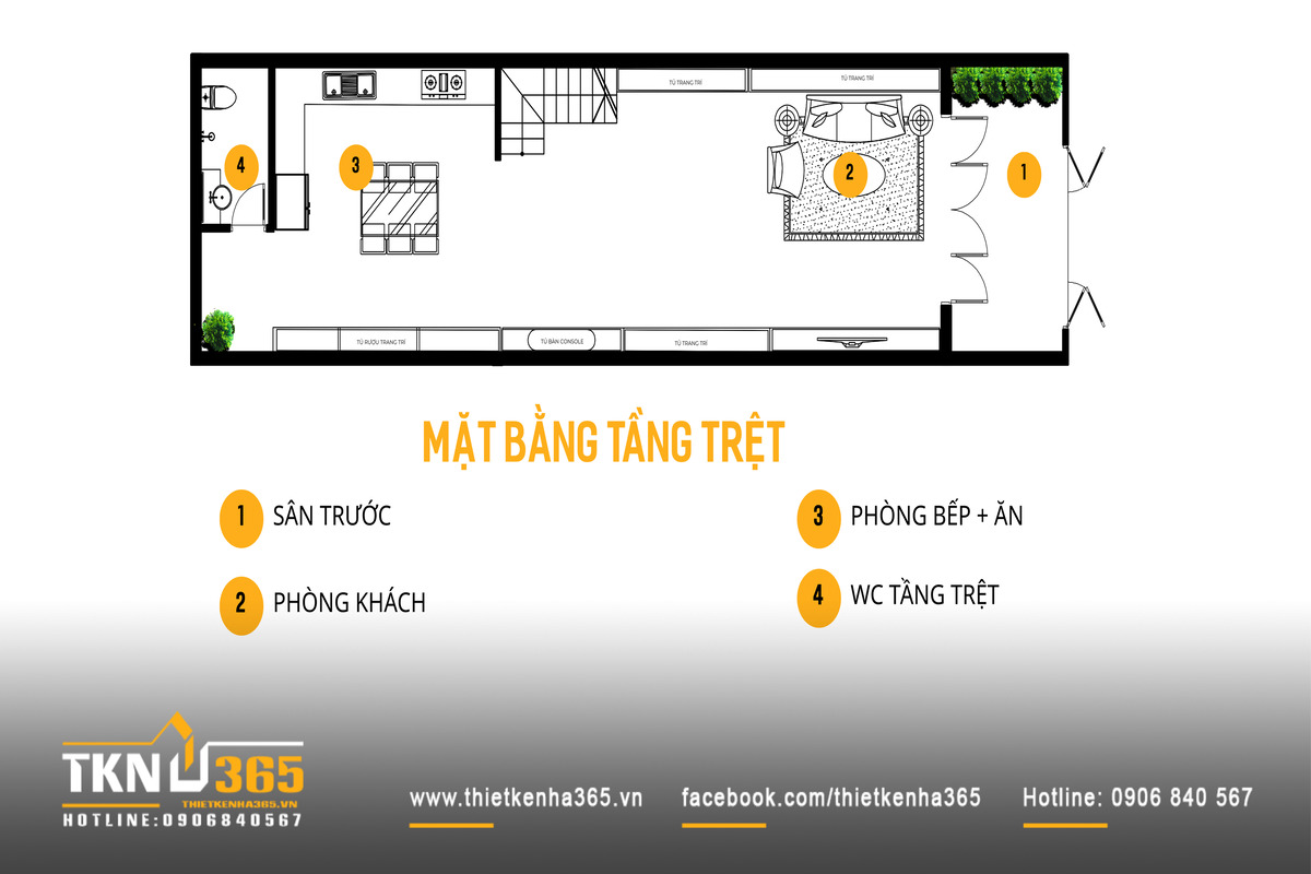 Mặt bằng tầng trệt của nhà phố 4 tầng ưu tiên không gian sinh hoạt chung với sân đệm phía trước, phòng khách liên thông bếp ăn và vệ sinh bố trí gọn về cuối nhà