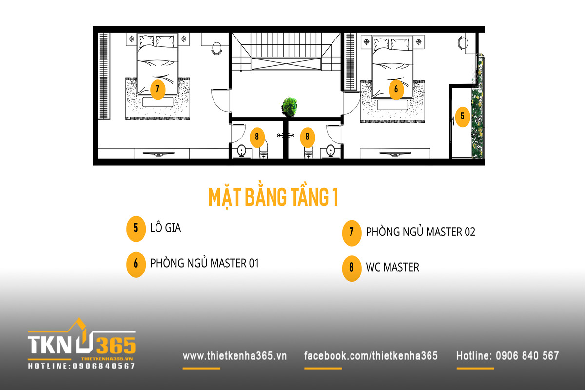 Tầng một của nhà phố 4 tầng bố trí hai phòng ngủ master đối xứng qua sảnh thang trung tâm, trong đó phòng phía trước tiếp cận trực tiếp logia xanh