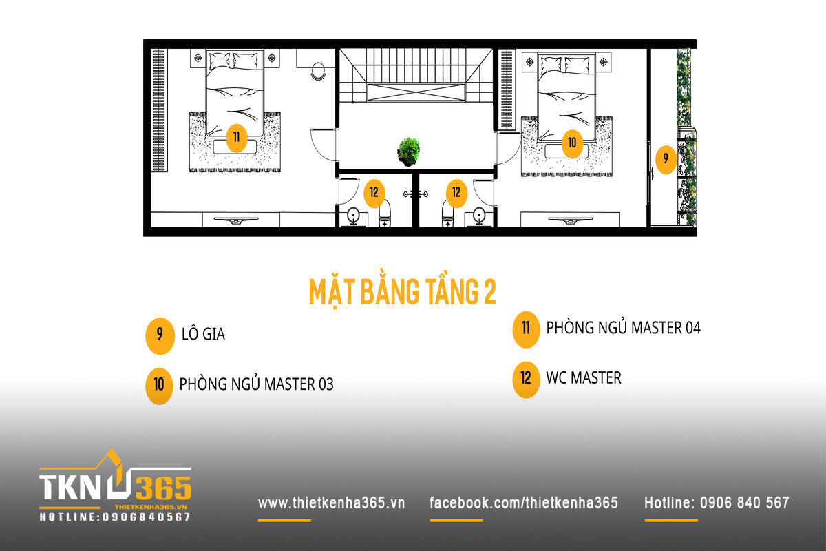 Mặt bằng tầng hai của nhà phố 4 tầng tiếp tục duy trì cấu trúc hai phòng ngủ master nhằm đáp ứng nhu cầu sử dụng lâu dài của gia đình nhiều thành viên