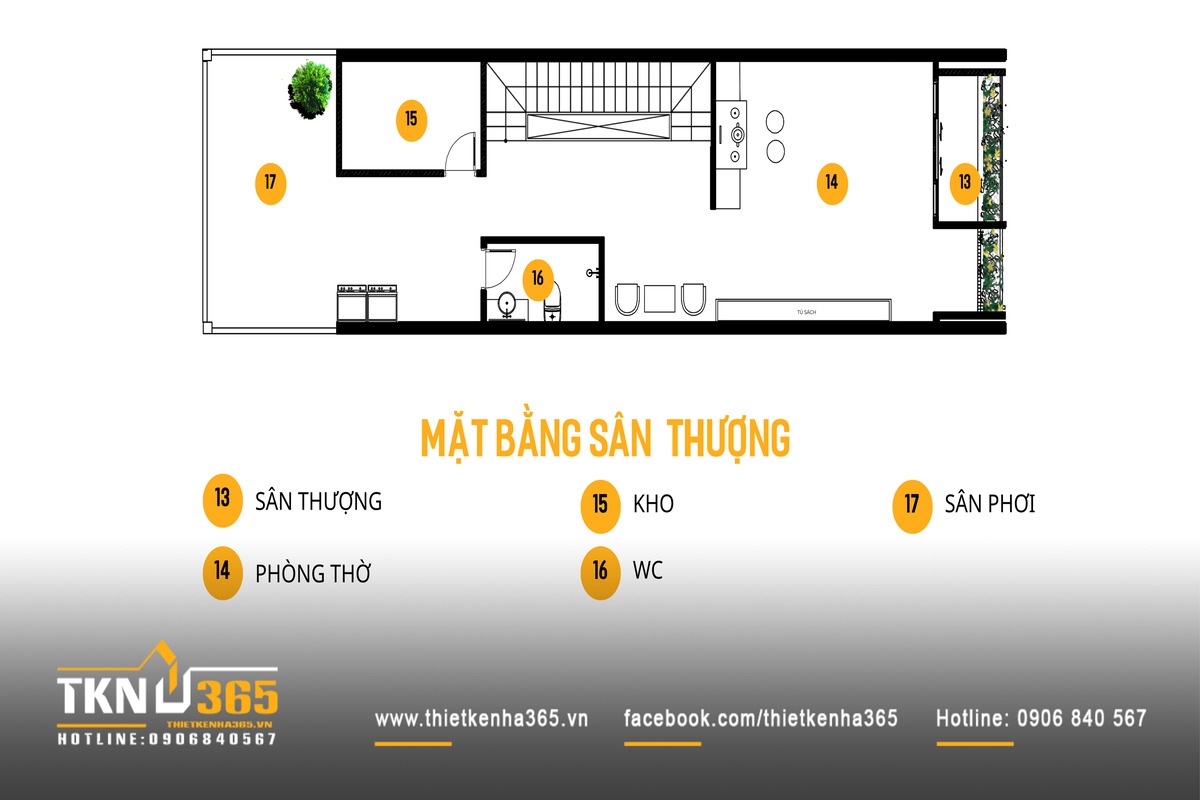 Sân thượng của nhà phố 4 tầng tích hợp phòng thờ, kho chứa đồ, sân phơi và khoảng sân xanh, hoàn thiện công năng sinh hoạt và lưu trữ một cách gọn gàng