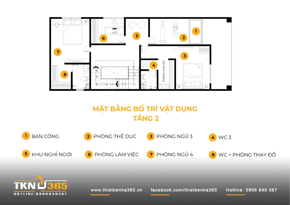 Tầng hai của nhà phố 5 tầng dành cho phòng ngủ, phòng thể dục, góc nghỉ ngơi và phòng làm việc, đáp ứng nhu cầu sinh hoạt cá nhân