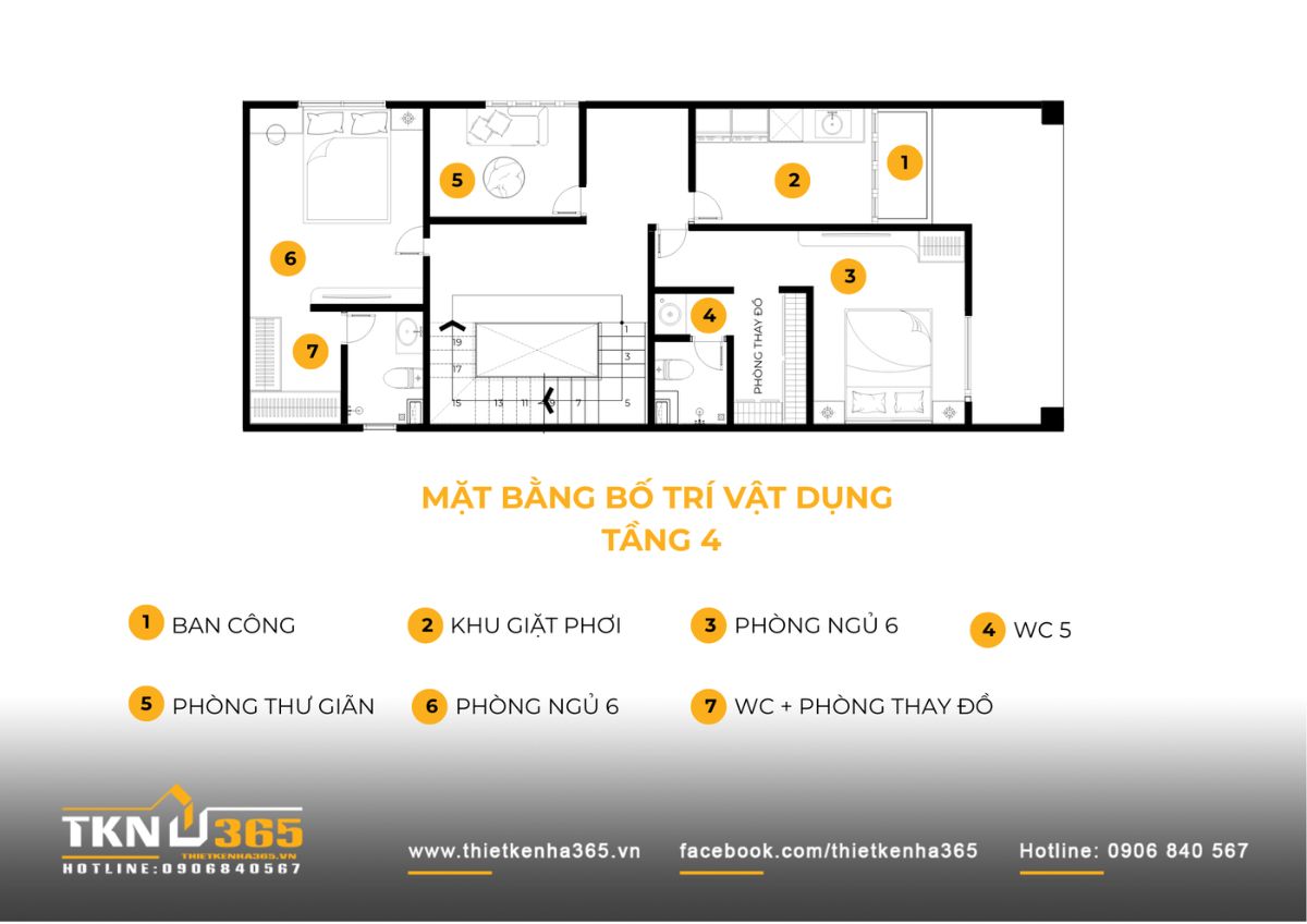 Tầng trên cùng của nhà phố 5 tầng bố trí khu giặt phơi, phòng ngủ và góc thư giãn, hoàn thiện công năng cho gia đình nhiều thế hệ