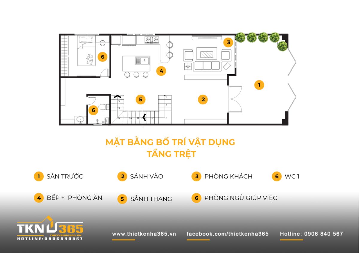 Nhà phố 6 tầng 6x18m và cách giữ sự gắn kết của gia đình qua những không gian được phân tầng 5 Tầng trệt nhà phố 6 tầng được tổ chức với sân trước, phòng khách, bếp phụ và phòng ngủ giúp việc nhằm tạo sự thuận tiện cho sinh hoạt hàng ngày