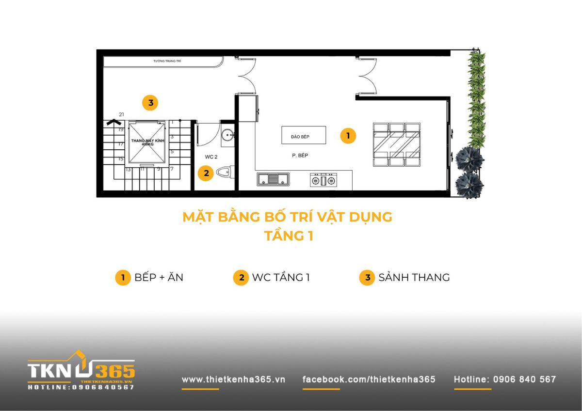 Nhà phố 6 tầng 6x18m và cách giữ sự gắn kết của gia đình qua những không gian được phân tầng 6 Tầng một của nhà phố 6 tầng dành trọn cho khu bếp ăn chính với đảo bếp trung tâm và bàn ăn lớn, trở thành nơi sum họp của gia đình nhiều thế hệ