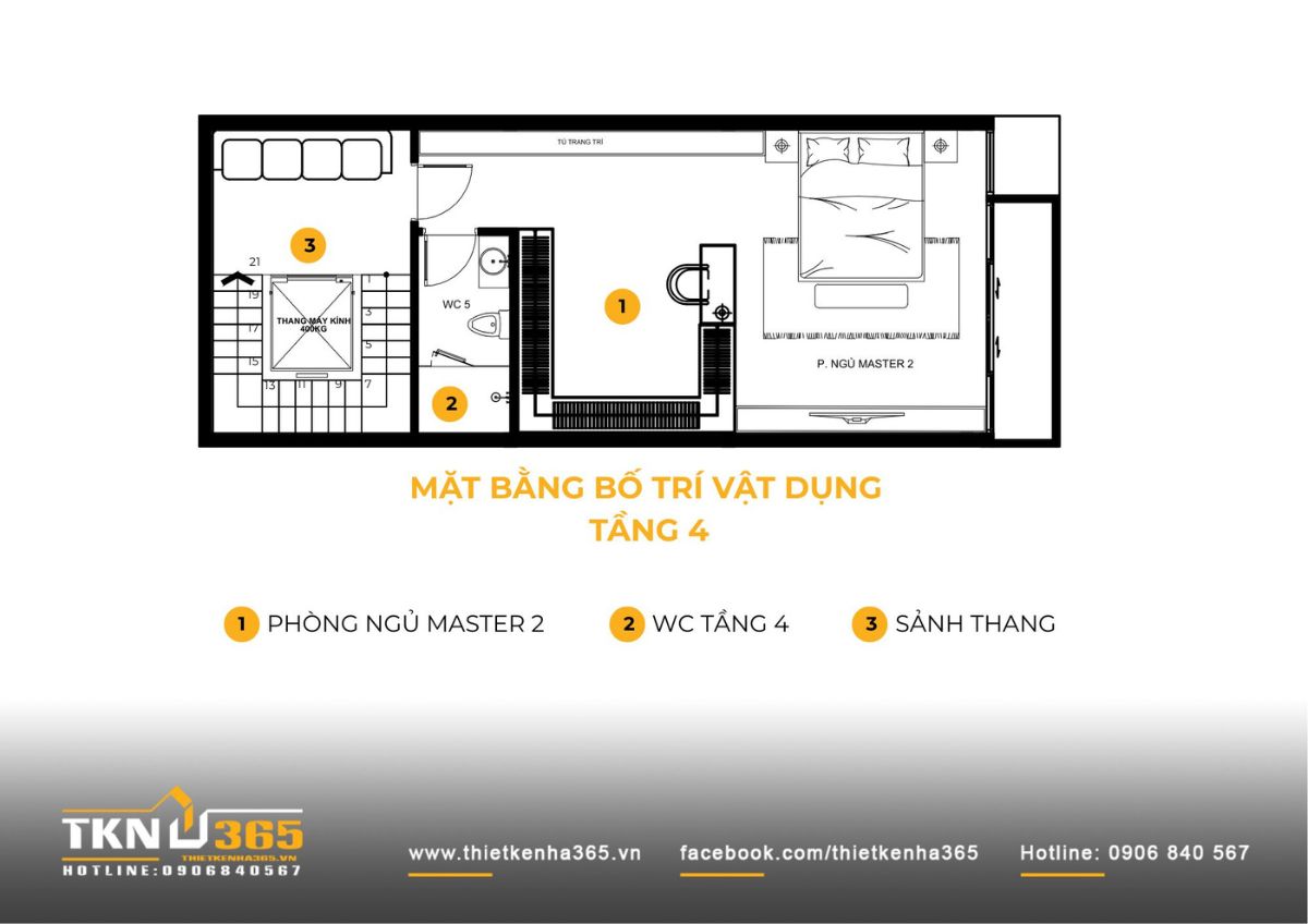 Nhà phố 6 tầng 6x18m và cách giữ sự gắn kết của gia đình qua những không gian được phân tầng 9 Phòng ngủ master thứ hai tiếp tục được bố trí độc lập tại tầng bốn, góp phần duy trì sự riêng tư cần thiết trong nhà phố 6 tầng dành cho gia đình đông thành viên
