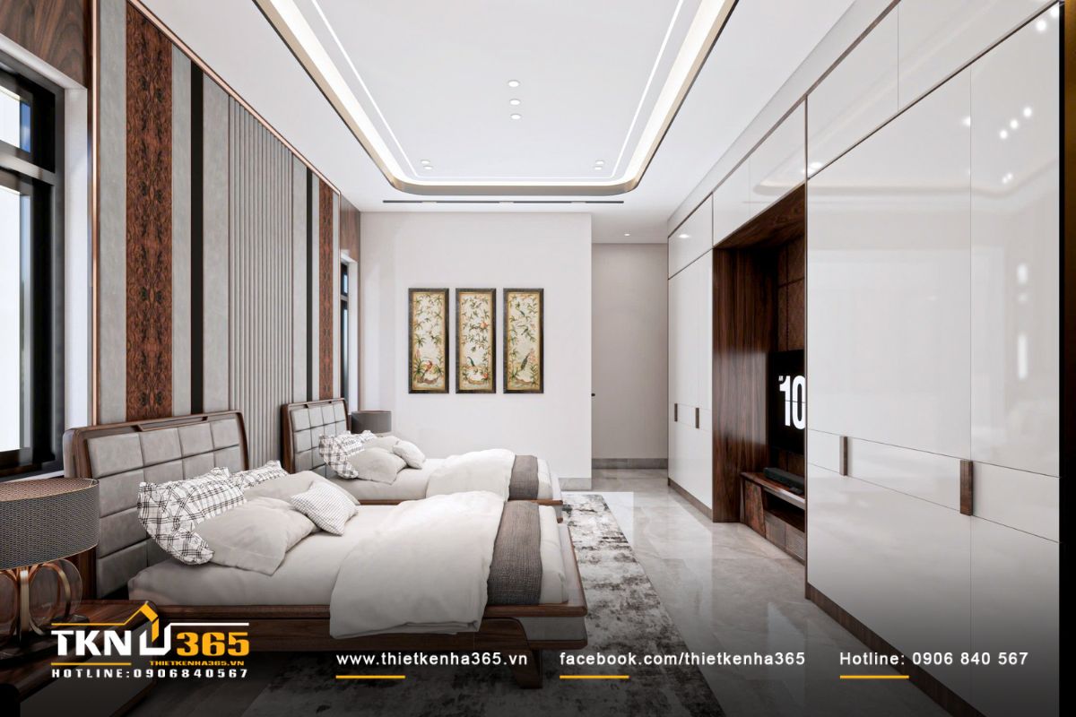Mảng ốp đầu giường kết hợp gỗ vân tự nhiên và các đường sọc đứng giúp không gian thêm chiều sâu nhưng vẫn nhẹ nhàng