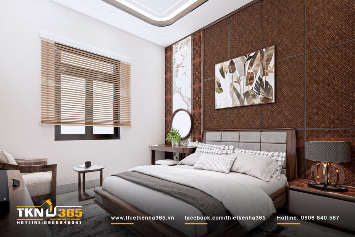 Bức tường đầu giường phối giả mây đan cùng đá vân sáng giúp không gian có chiều sâu nhưng không tạo cảm giác nặng nề