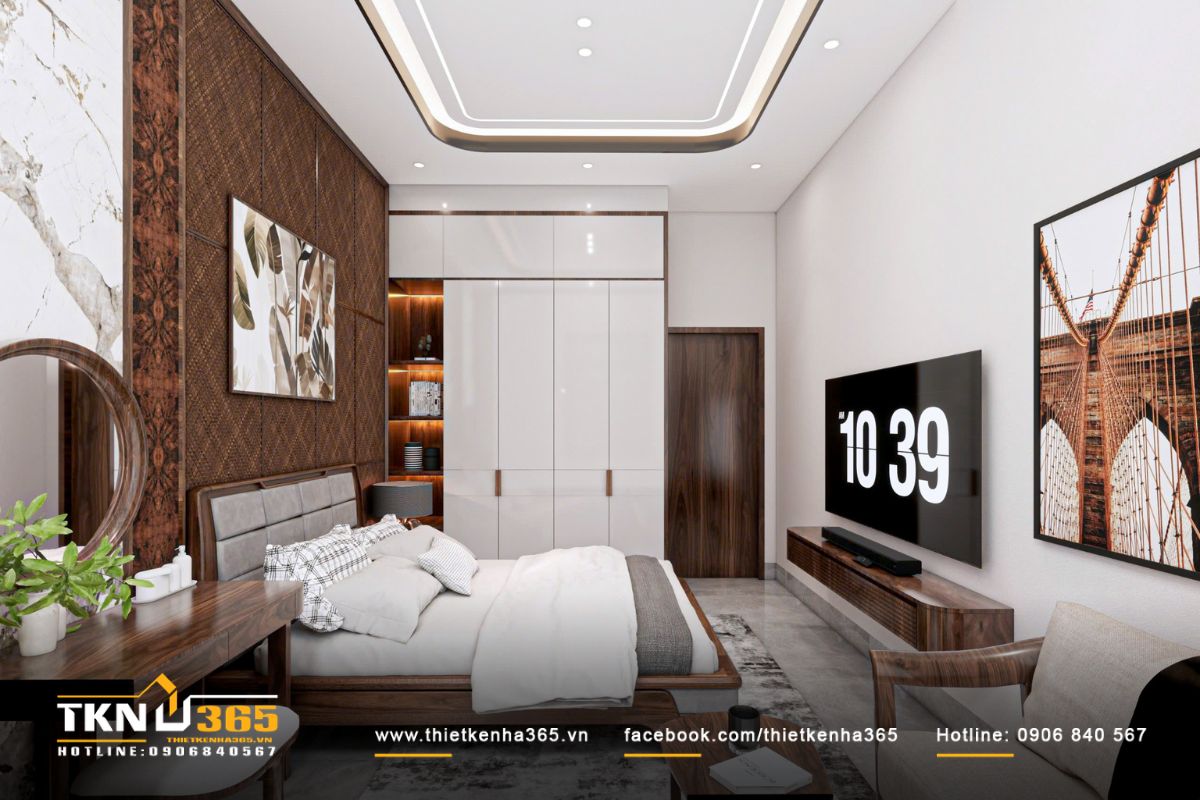 Hệ tủ kịch trần kết hợp kệ mở có đèn LED âm giúp tối ưu lưu trữ và giữ tổng thể luôn gọn gàng