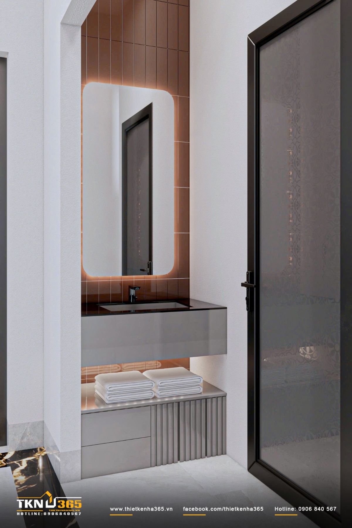 Hệ lavabo treo kết hợp gương LED bo cong giúp không gian vệ sinh trở nên gọn gàng và hiện đại