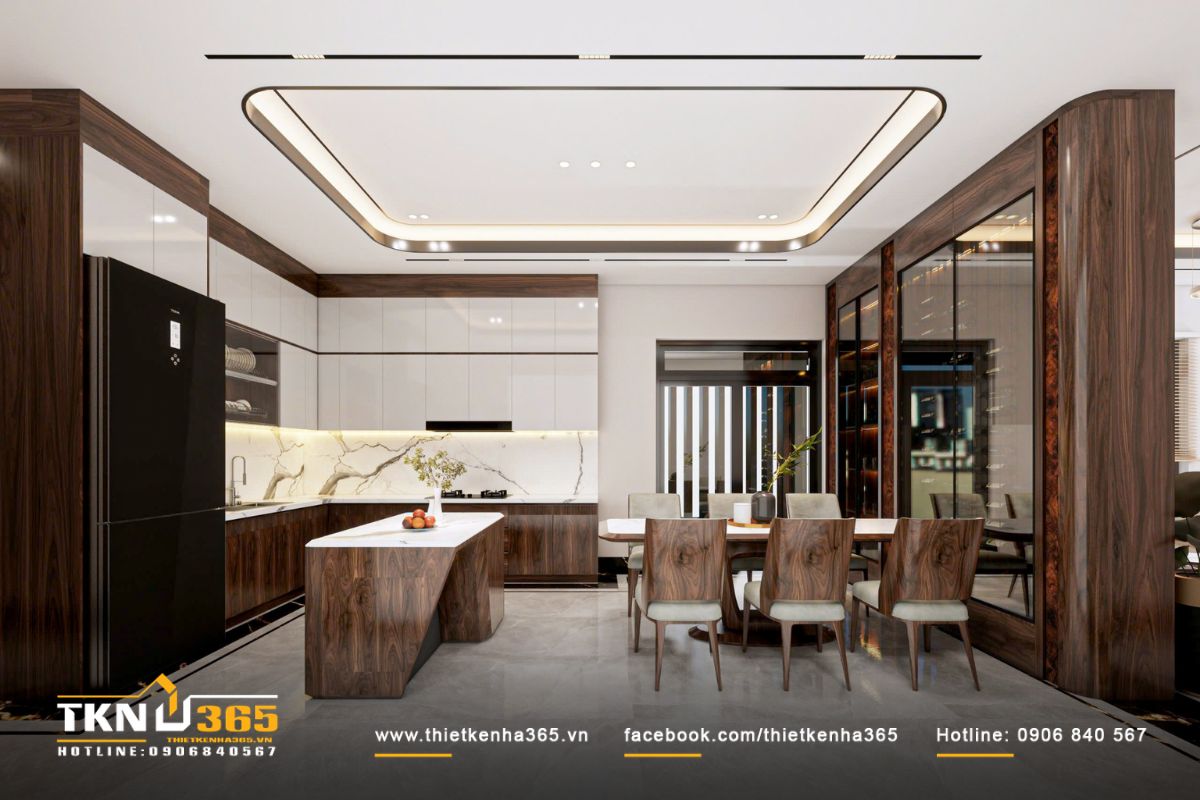 Khu bếp thiết kế liên thông với phòng ăn nhằm tăng sự kết nối trong những bữa cơm gia đình