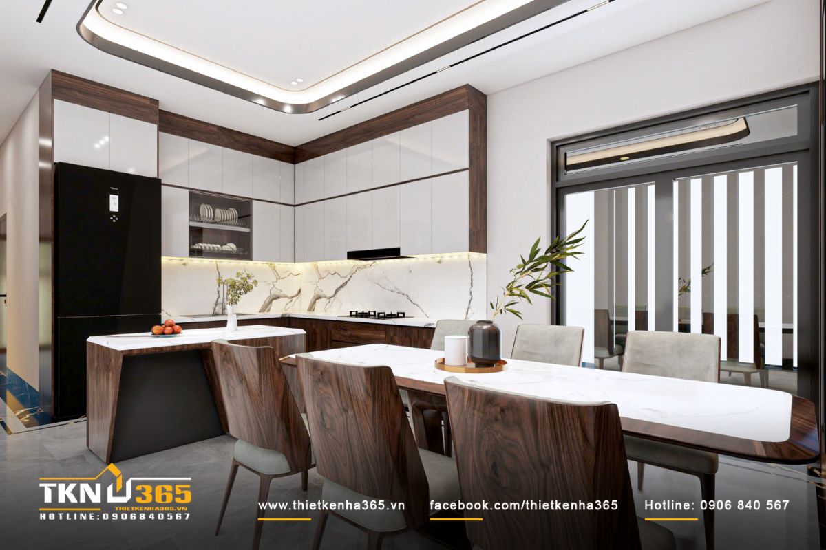 Nội thất bếp ưu tiên gam màu sáng kết hợp gỗ trầm để giữ cảm giác hiện đại nhưng không lạnh lẽo