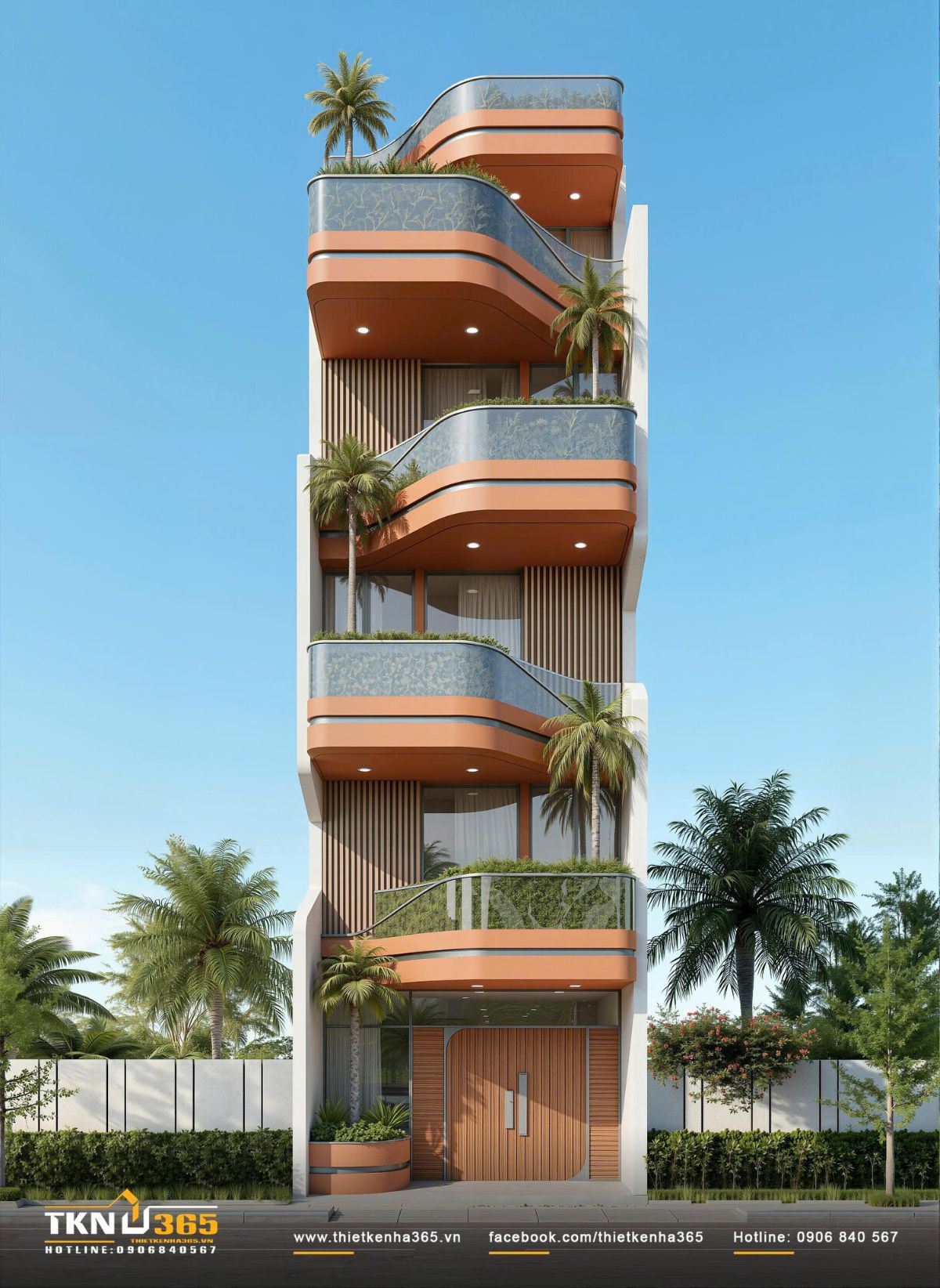 Nhà phố 6 tầng 6x15m phong cách hiện đại ở Bình Dương nổi bật với mặt tiền bo cong và gam màu đất nung