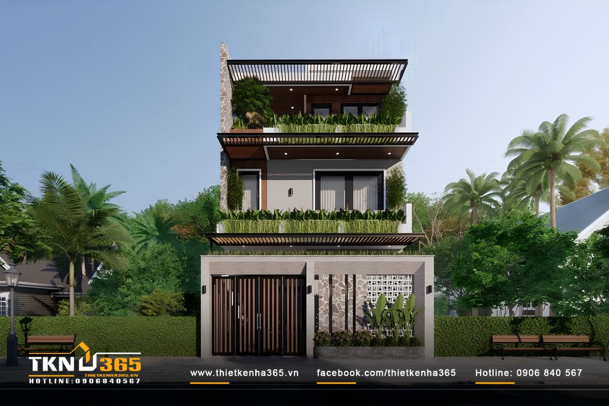 Nhà phố 3 tầng 7x20m tại Long An gây ấn tượng với thiết kế nhiều mảng xanh đan xen khắp mặt tiền