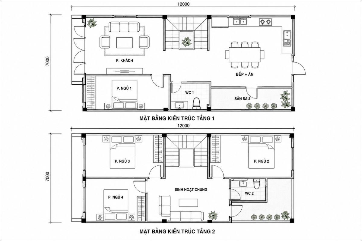 Bản vẽ mặt bằng mẫu nhà 1 trệt 1 lầu 7x12 đẹp với 4 phòng ngủ (Ảnh: Sưu tầm)