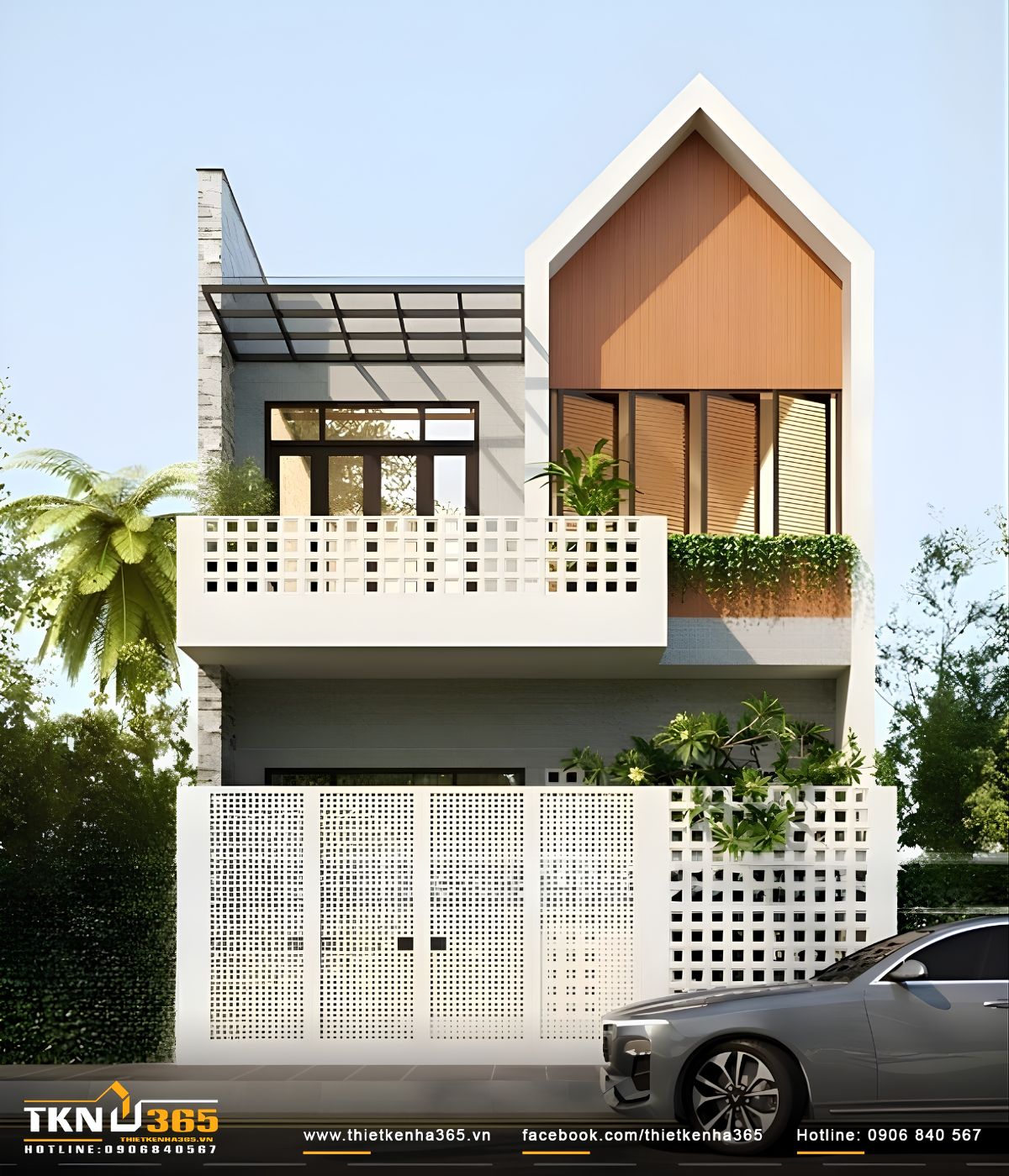 Mẫu nhà 1 trệt 1 lầu 7x12 đẹp thiết kế ban công rộng để tăng tính thẩm mỹ cho tổng thể thiết kế, đồng thời tạo thành khoảng đệm ngăn nắng nóng