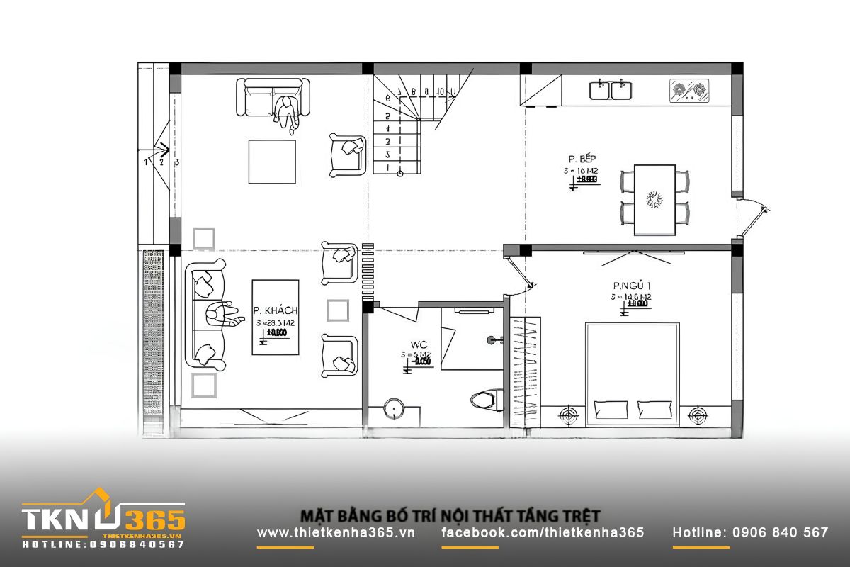 Bản vẽ mặt bằng tầng trệt mẫu nhà 1 trệt 1 lầu 7x15m
