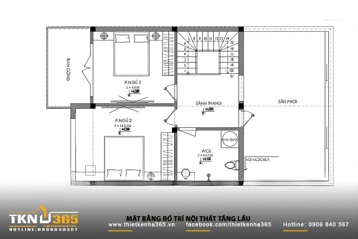 Bản vẽ mặt bằng tầng lầu mẫu nhà 1 trệt 1 lầu 7x15m
