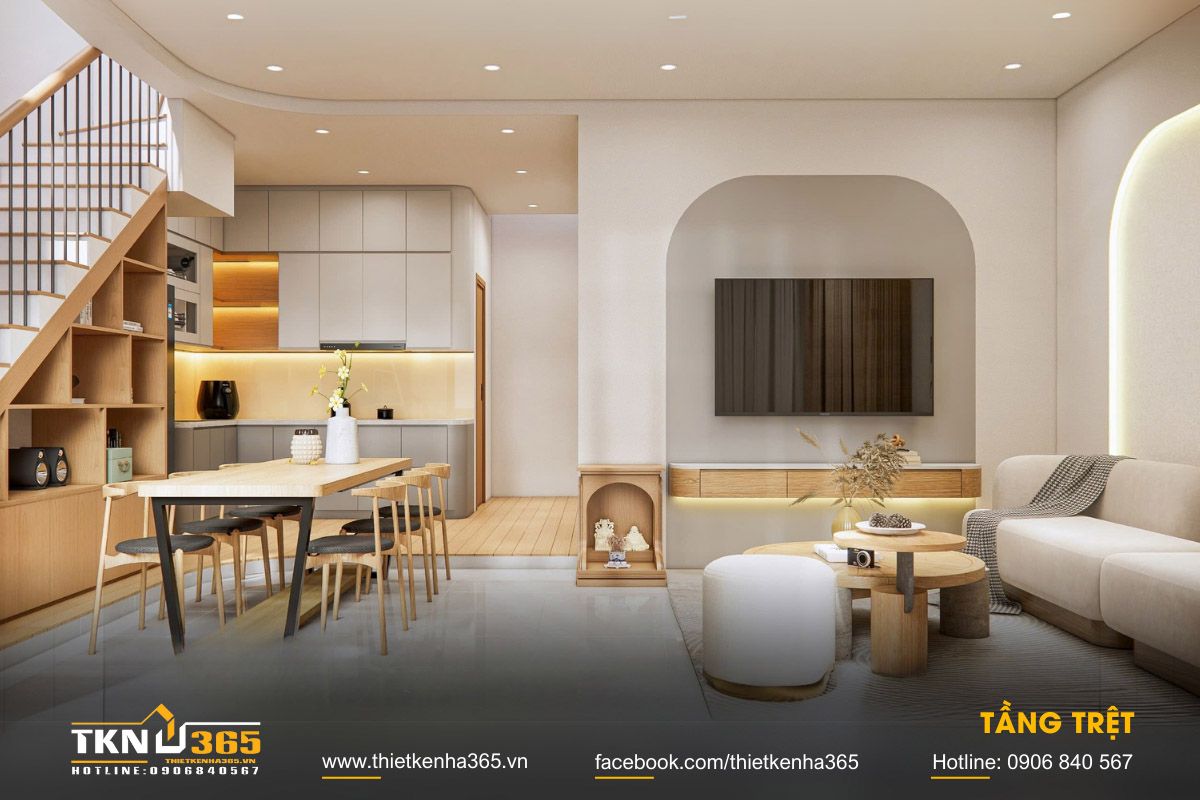 Nhà 105m2 1 trệt 1 lầu bố trí không gian sinh hoạt chung theo hướng mở
