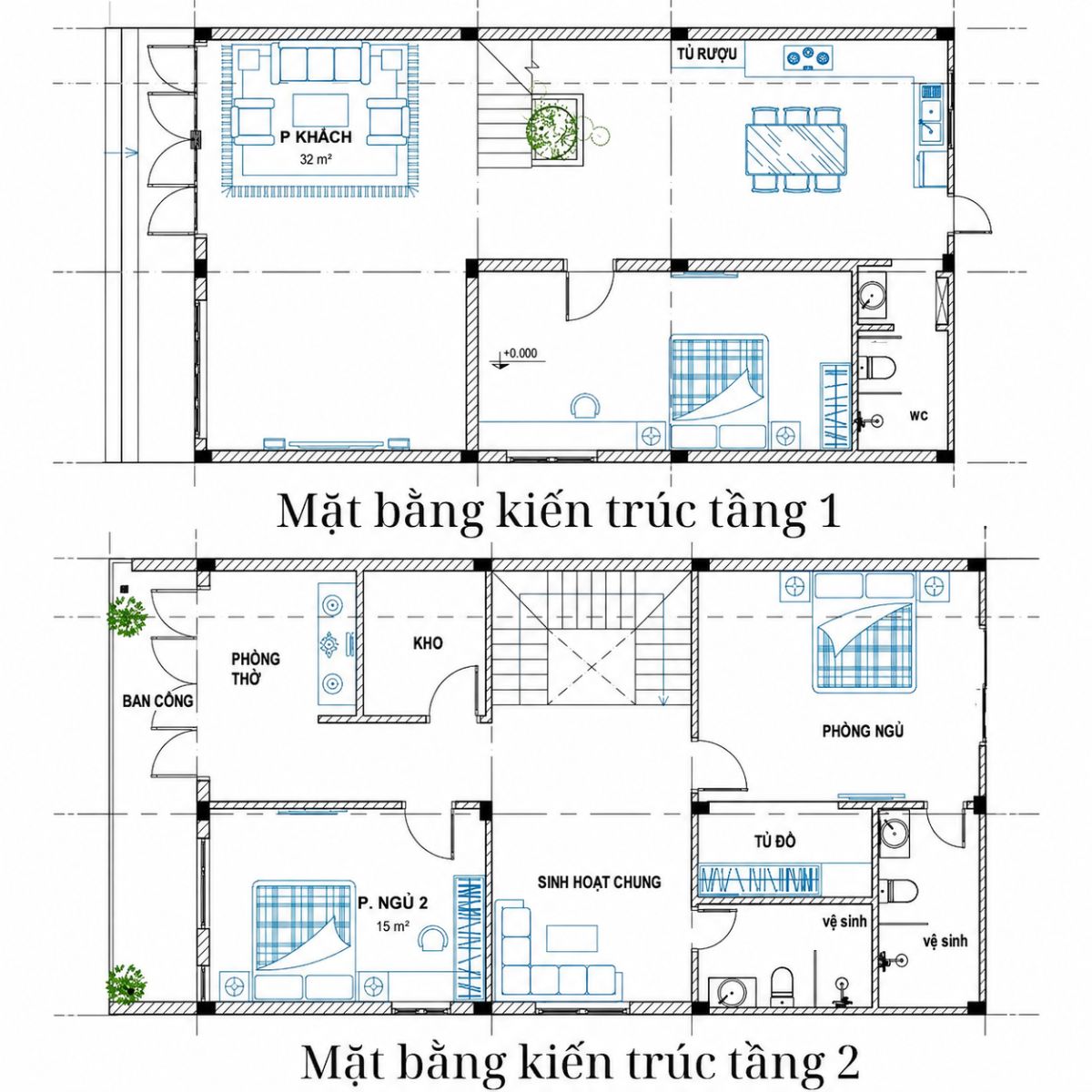 Mẫu nhà 1 trệt 1 lầu 7x15m 3 phòng ngủ phù hợp với gia đình 4 - 5 thành viên (Ảnh: Sưu tầm)
