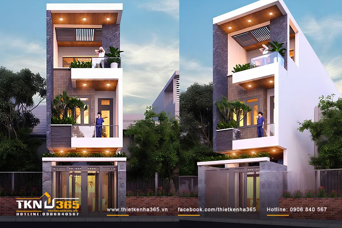 Mẫu thiết kế nhà 4x20 đẹp không xây kín toàn bộ khu đất mà để dành diện tích cho sân trước, sân sau và các khe thoáng