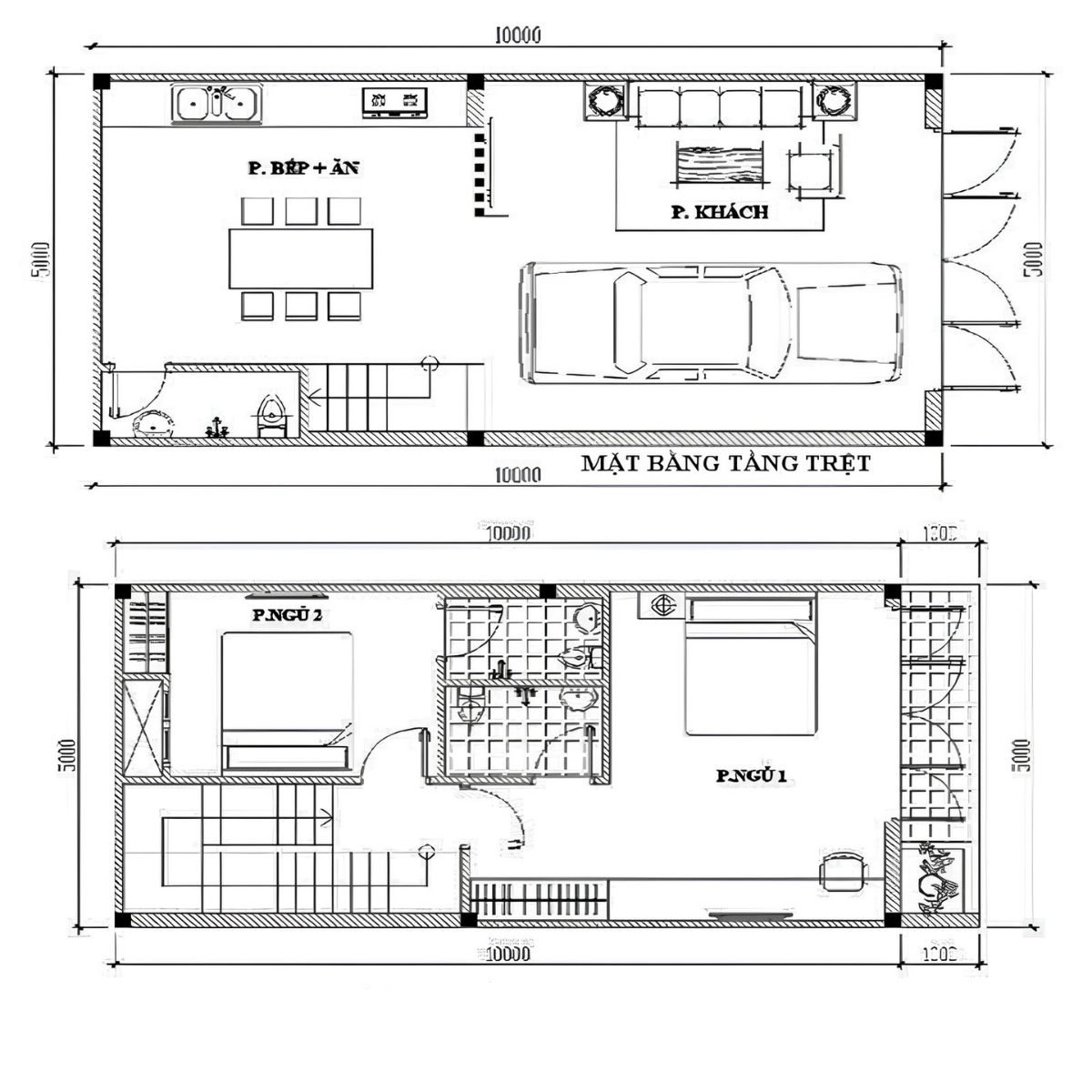 Bản vẽ nhà 5x10 với hai phòng ngủ bố trí tách biệt không gian sinh hoạt chung (Ảnh: Sưu tầm)
