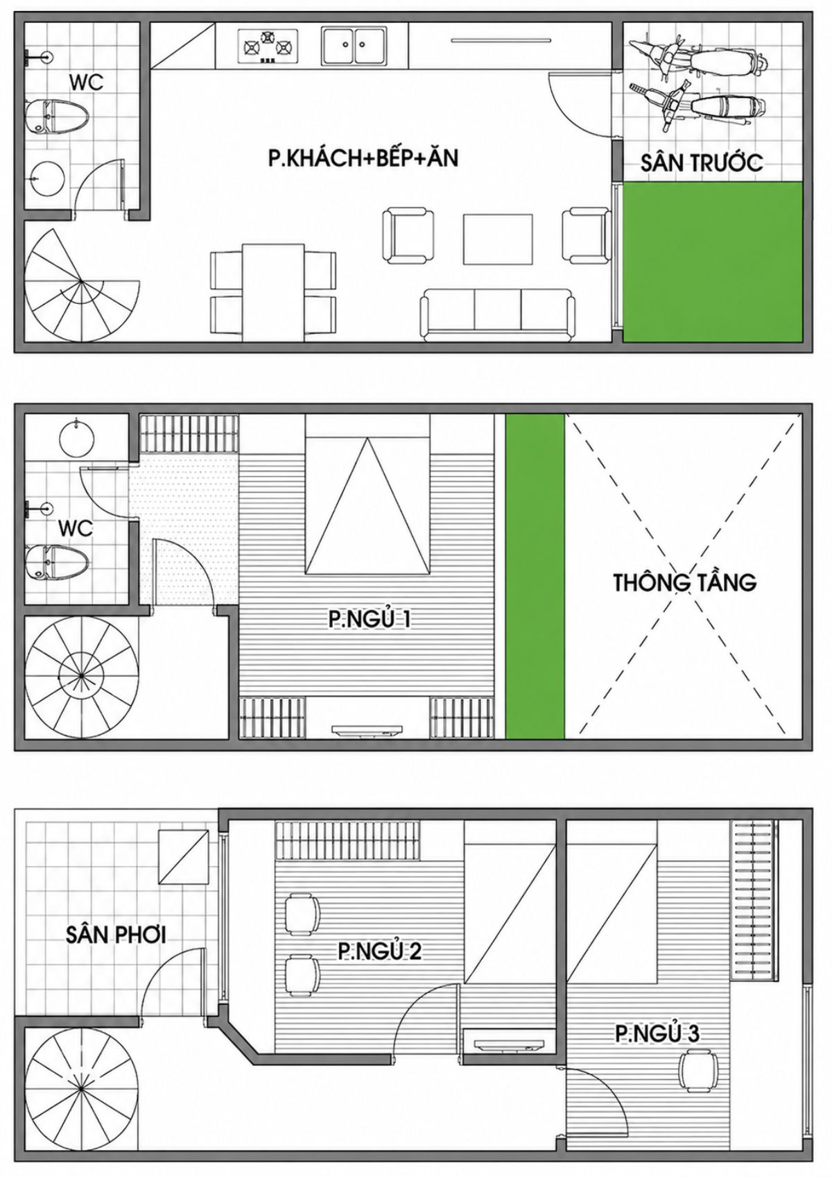 Bố trí công năng nhà 5x10 với 3 phòng ngủ, đáp ứng nhu cầu của gia đình 4 người (Ảnh: Sưu tầm)