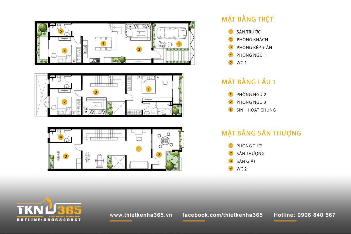 Bản vẽ nhà 5x15 bố trí tách biệt không gian sinh hoạt chung và riêng tư