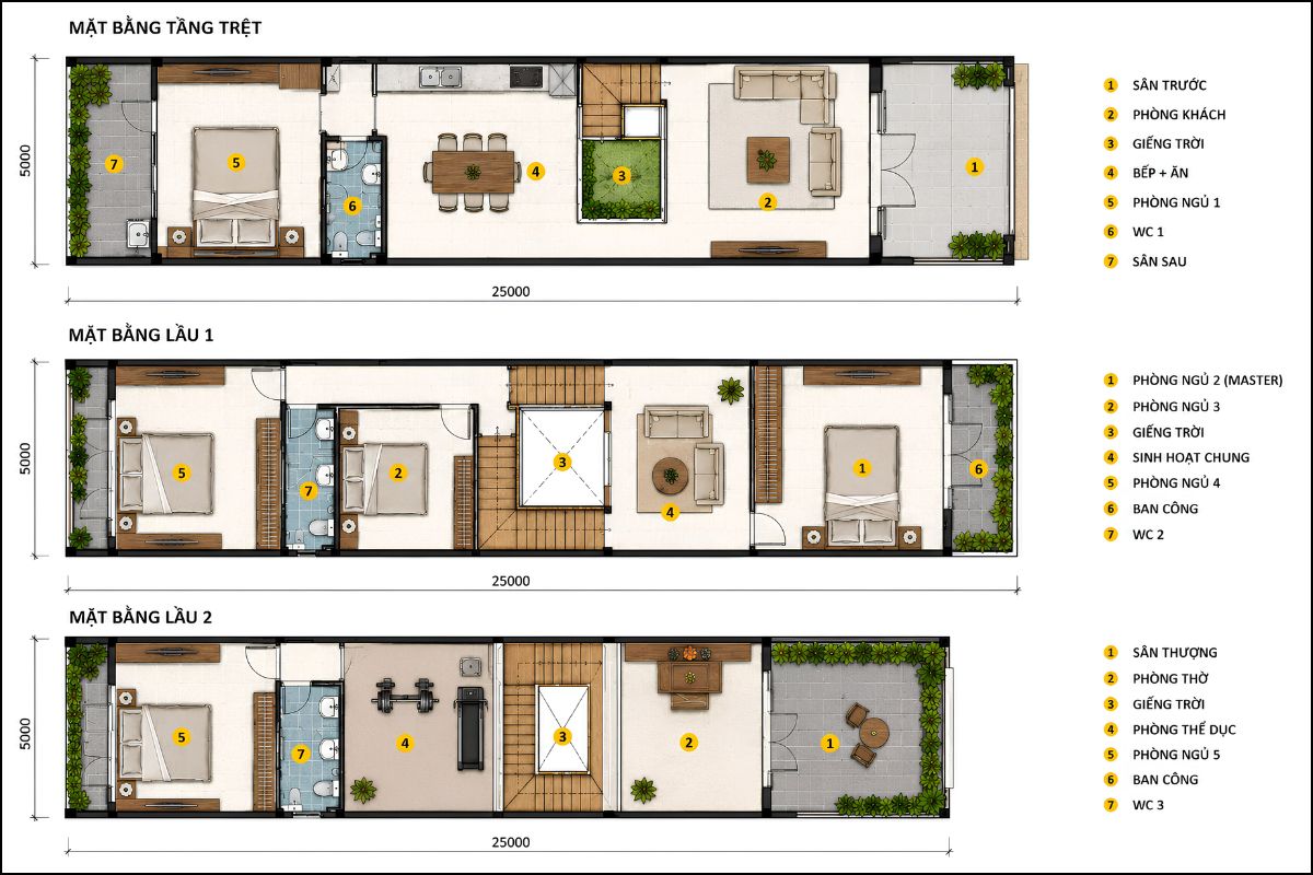 Bản vẽ mặt bằng nhà phố 5x25 đẹp cho gia đình nhiều thế hệ cùng sinh sống (Ảnh: Sưu tầm)
