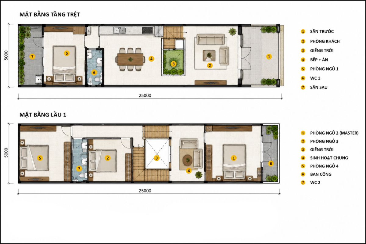 Nhà 5x25m ưu tiên bố trí phòng ngủ tại tầng trệt cho người lớn tuổi (Ảnh: Sưu tầm)
