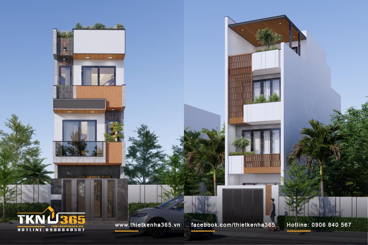 Mẫu nhà phố đẹp 4m mặt tiền phong cách hiện đại, ưu tiên sử dụng chất liệu kính để lấy sáng tự nhiên