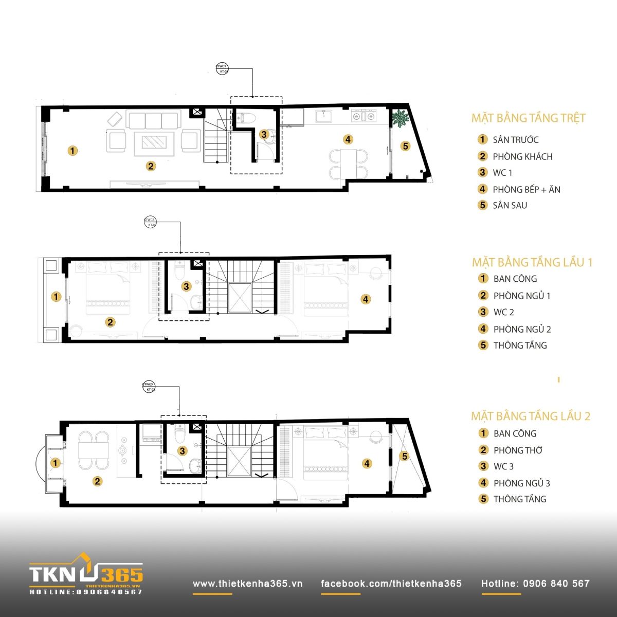 Bản vẽ công năng nhà 4x15m với 3 phòng ngủ