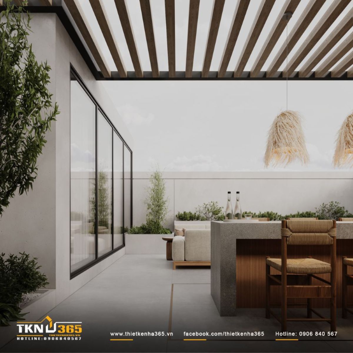 Gia đình thường xuyên tụ họp ưu tiên thiết kế ban công sân thượng thành khu BBQ hoặc quầy bar mini