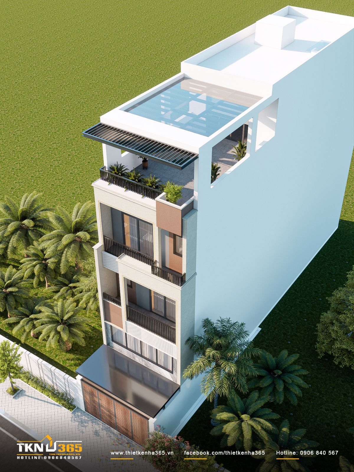 Mẫu thiết kế sân thượng đẹp hiện đại với mái che, giúp bảo vệ tiểu cảnh sân thượng trong mọi điều kiện thời tiết