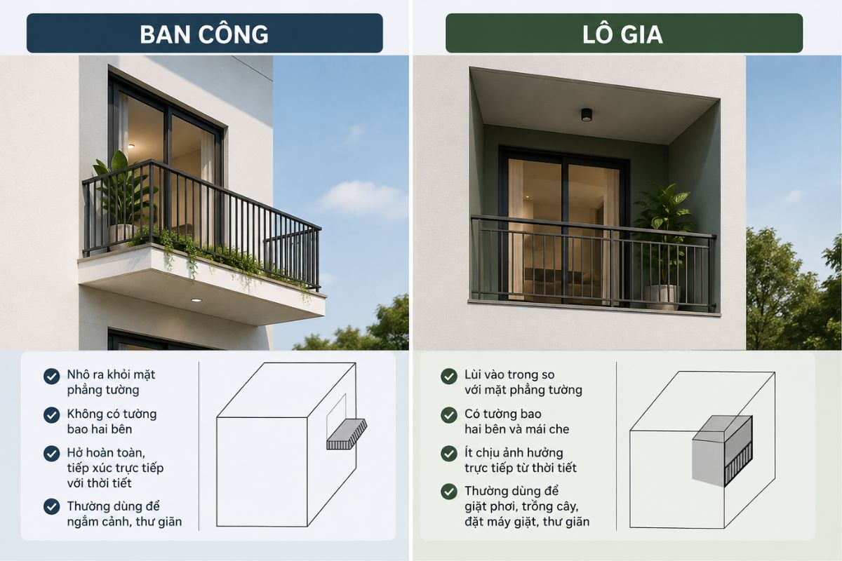Tìm hiểu khái niệm logia là gì, ban công là gì và so sánh điểm khác nhau cơ bản sẽ giúp gia chủ dễ dàng lựa chọn được phương án thiết kế phù hợp (Ảnh: Sưu tầm)