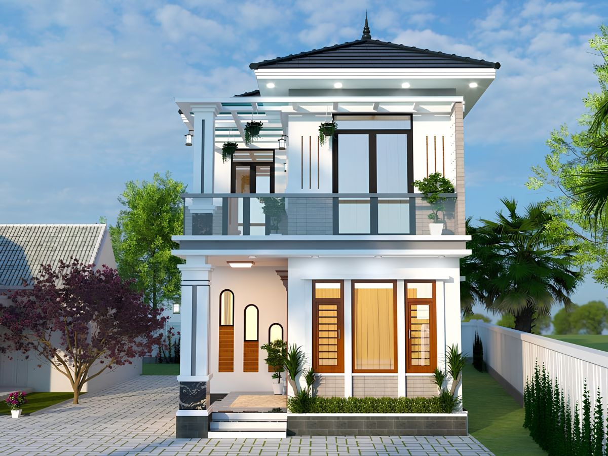 Mẫu nhà 1 trệt 1 lầu 3 phòng ngủ 1 phòng thờ đẹp thiết kế mái Nhật với độ dốc vừa phải (Ảnh: Sưu tầm)