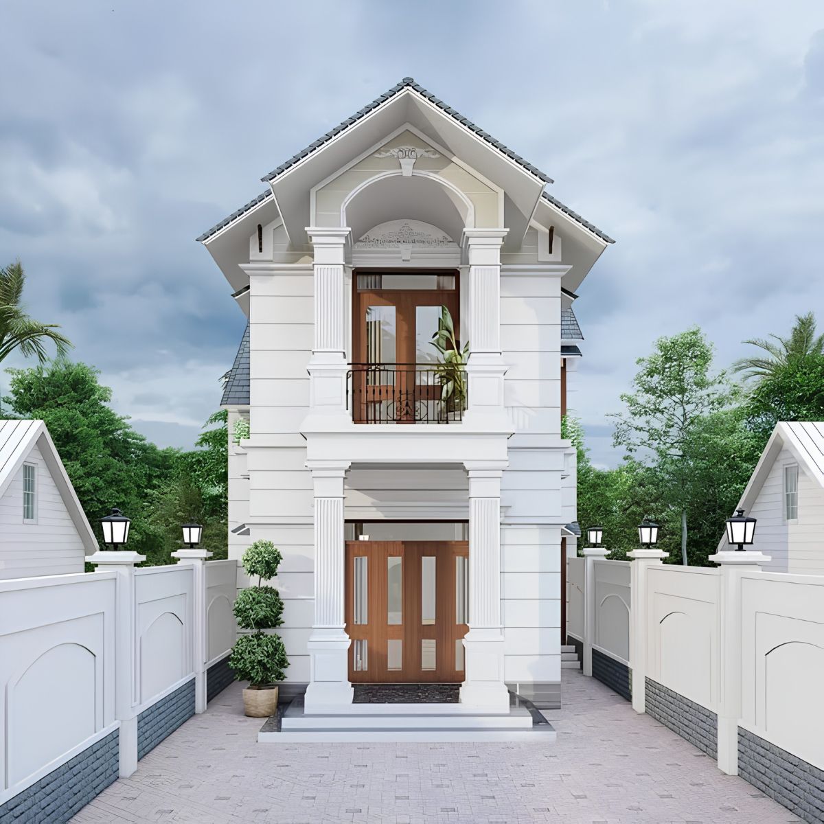 Mẫu nhà 1 trệt 1 lầu 3 phòng ngủ 1 phòng thờ đẹp gây ấn tượng với hệ mái Thái cao ráo (Ảnh: Sưu tầm)