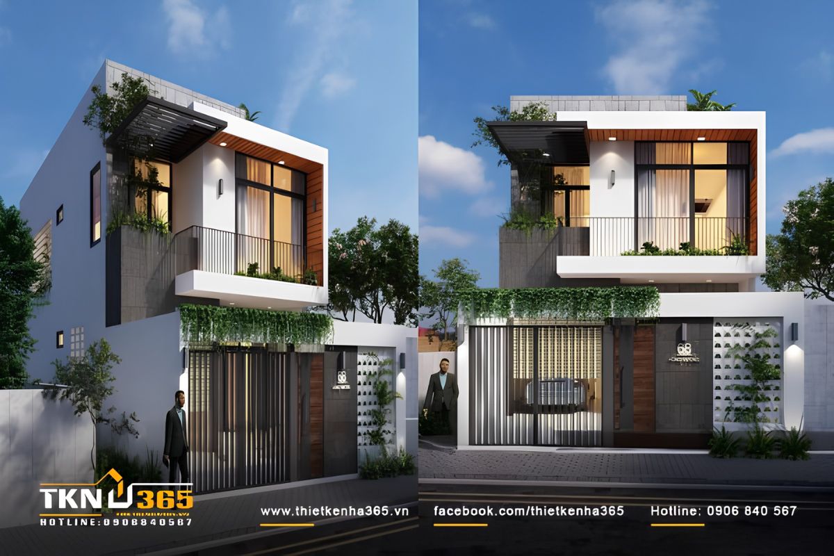 Mẫu nhà 1 trệt 1 lầu 3 phòng ngủ 5x14 nên ưu tiên khoảng xanh để giảm hấp thụ nhiệt, tăng khả năng kết nối với thiên nhiên