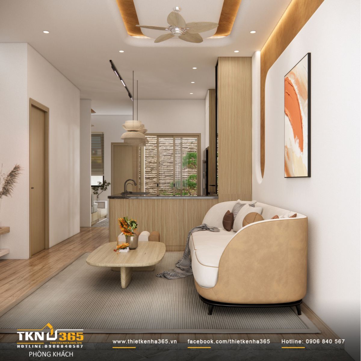Mẫu nhà 1 trệt 1 lầu 4x13 đẹp thiết kế phòng khách - bếp - ăn liền mạch