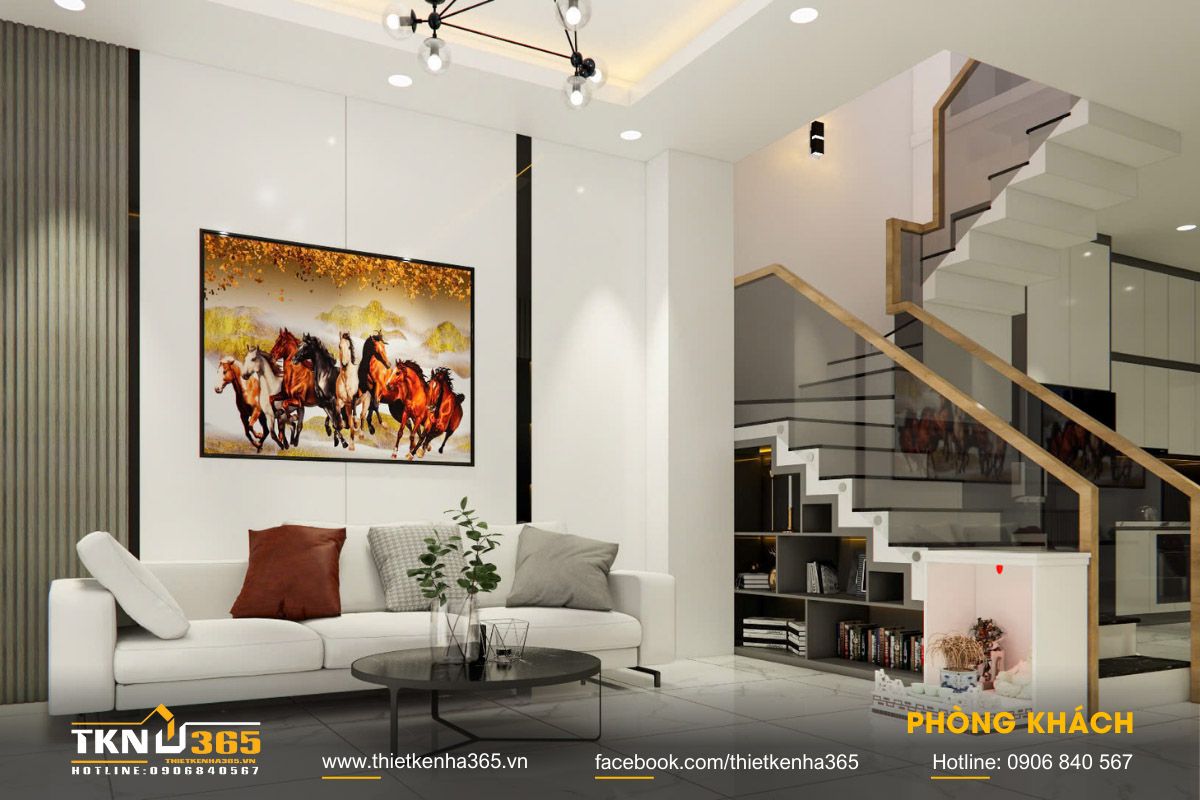 30+ Mẫu Nhà 1 Trệt 2 Lầu 4x10 Đẹp, Hiện Đại Và Tối Ưu Công Năng 11 Trong mẫu nhà 1 trệt 2 lầu 4x10, bố trí cầu thang giữa nhà hoặc sát tường là phương án tối ưu
