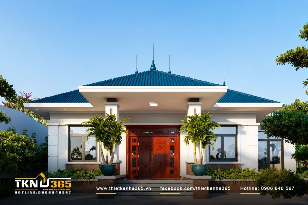 Mẫu nhà tân cổ điển 1 tầng đẹp nổi bật nhờ tỷ lệ kiến trúc cân đối, công năng tiện nghi và khả năng kết nối hài hòa với sân vườn