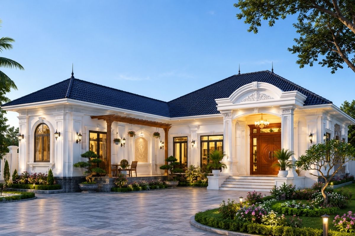 Thiết kế nhà tân cổ điển 1 tầng chữ L giúp phân chia công năng linh hoạt, đồng thời tạo khoảng sân thuận tiện cho gara, sân chơi hoặc tiểu cảnh (Ảnh: Sưu tầm)