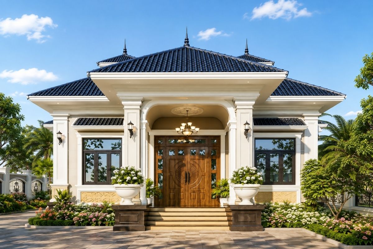 Mẫu nhà tân cổ điển 1 tầng đẹp phù hợp với những lô đất có diện tích khác nhau (Ảnh: Sưu tầm)