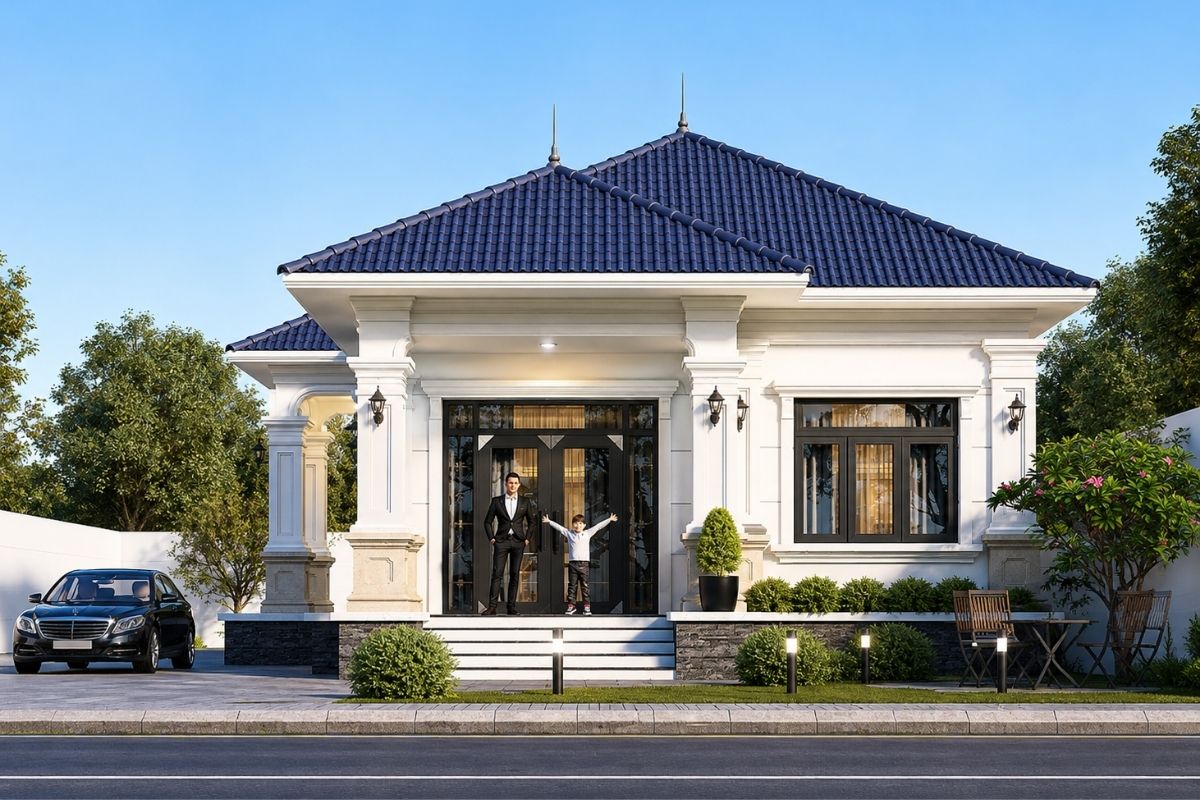 Mặt tiền nhà tân cổ điển 1 tầng nên được chia rõ lớp nền, thân và mái để tạo nhịp điệu, chiều cao thị giác và tránh cảm giác trải ngang quá mức (Ảnh: Sưu tầm)