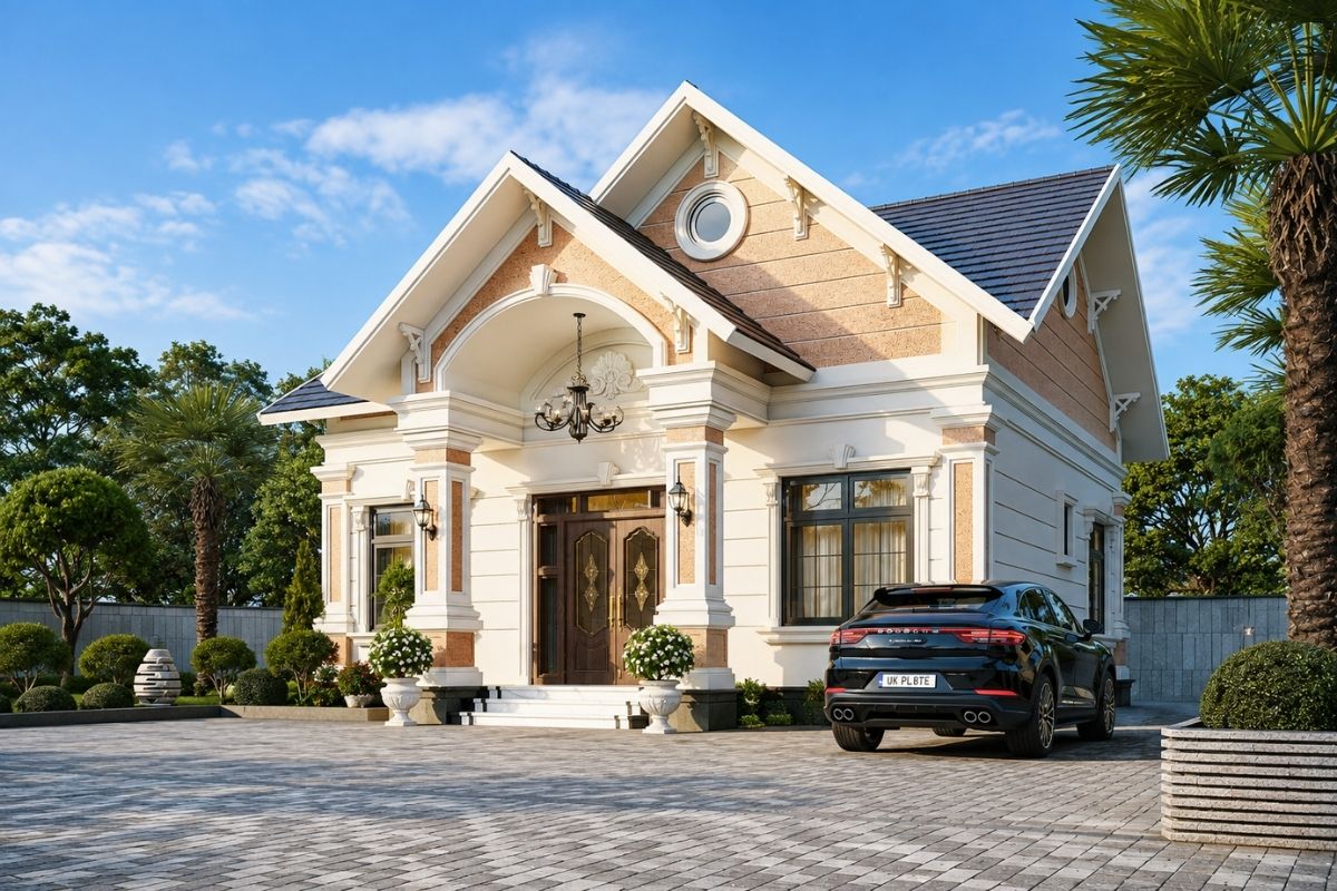 Tùy vào sở thích, ngân sách và điều kiện thực tế, gia chủ sẽ lựa chọn mẫu nhà tân cổ điển 1 tầng đẹp với hệ mái phù hợp (Ảnh: Sưu tầm)