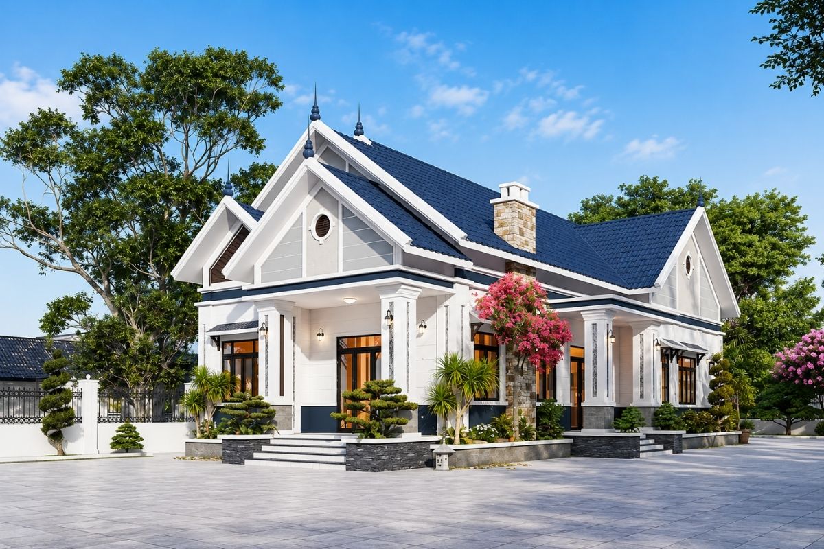 Trong thiết kế nhà tân cổ điển 1 tầng, sảnh, cột và phào chỉ cần được tiết chế hợp lý để tạo điểm nhấn mà không khiến mặt tiền trở nên nặng nề (Ảnh: Sưu tầm)
