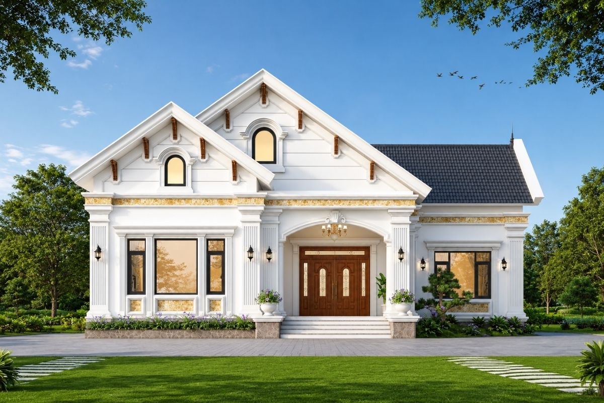 Nhà vườn tân cổ điển 1 tầng cần khoảng sân hợp lý để tạo góc nhìn cho kiến trúc, tăng thông thoáng và kết nối công trình với cảnh quan (Ảnh: Sưu tầm)