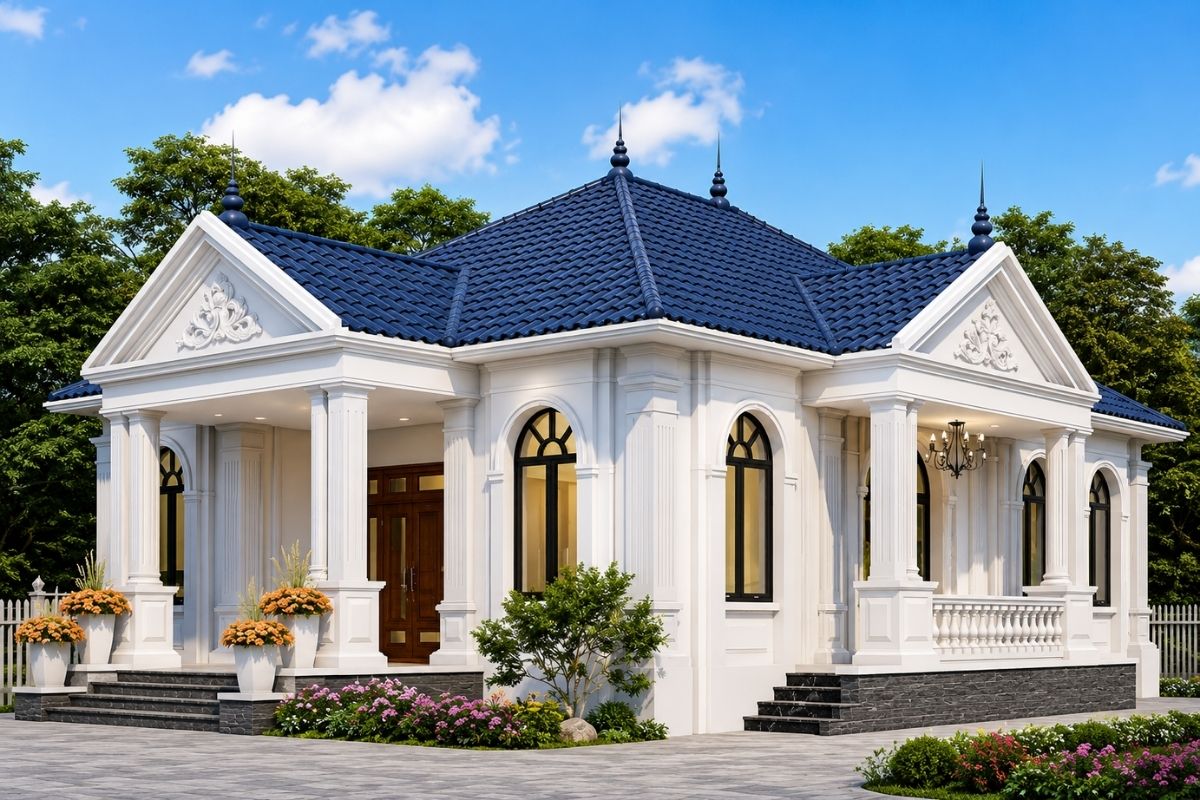 Trong nhà tân cổ điển 1 tầng, cảnh quan sân vườn cần thống nhất với thiết kế tổng thể của công trình (Ảnh: Sưu tầm)