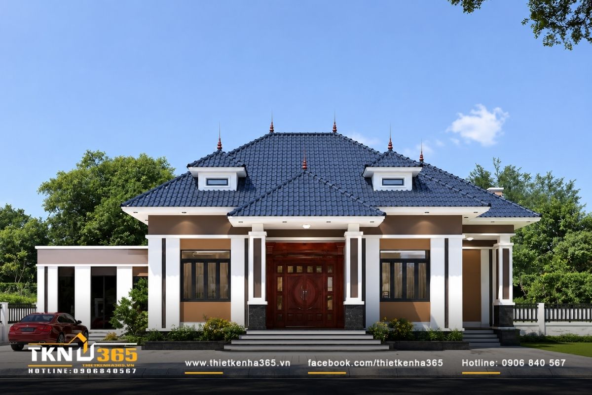 Nhà tân cổ điển 1 tầng vẫn có thể tạo vẻ bề thế khi sảnh, hệ mái, cột và chiều ngang mặt tiền được xử lý đúng tỷ lệ