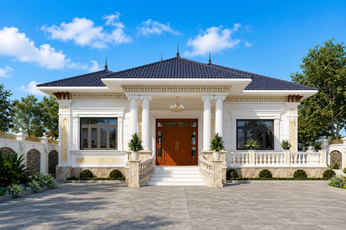 Mẫu nhà tân cổ điển 1 tầng đẹp đặc biệt phù hợp với gia đình có người lớn tuổi (Ảnh: Sưu tầm)