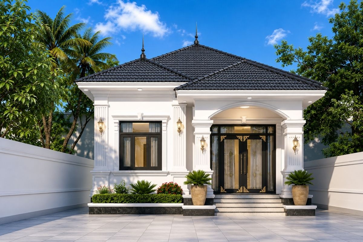 Mẫu nhà tân cổ điển 1 tầng đẹp cần cân bằng giữa tỷ lệ kiến trúc, công năng và sân vườn để tạo nên không gian sống sang trọng, tiện nghi và bền vững (Ảnh: Sưu tầm)